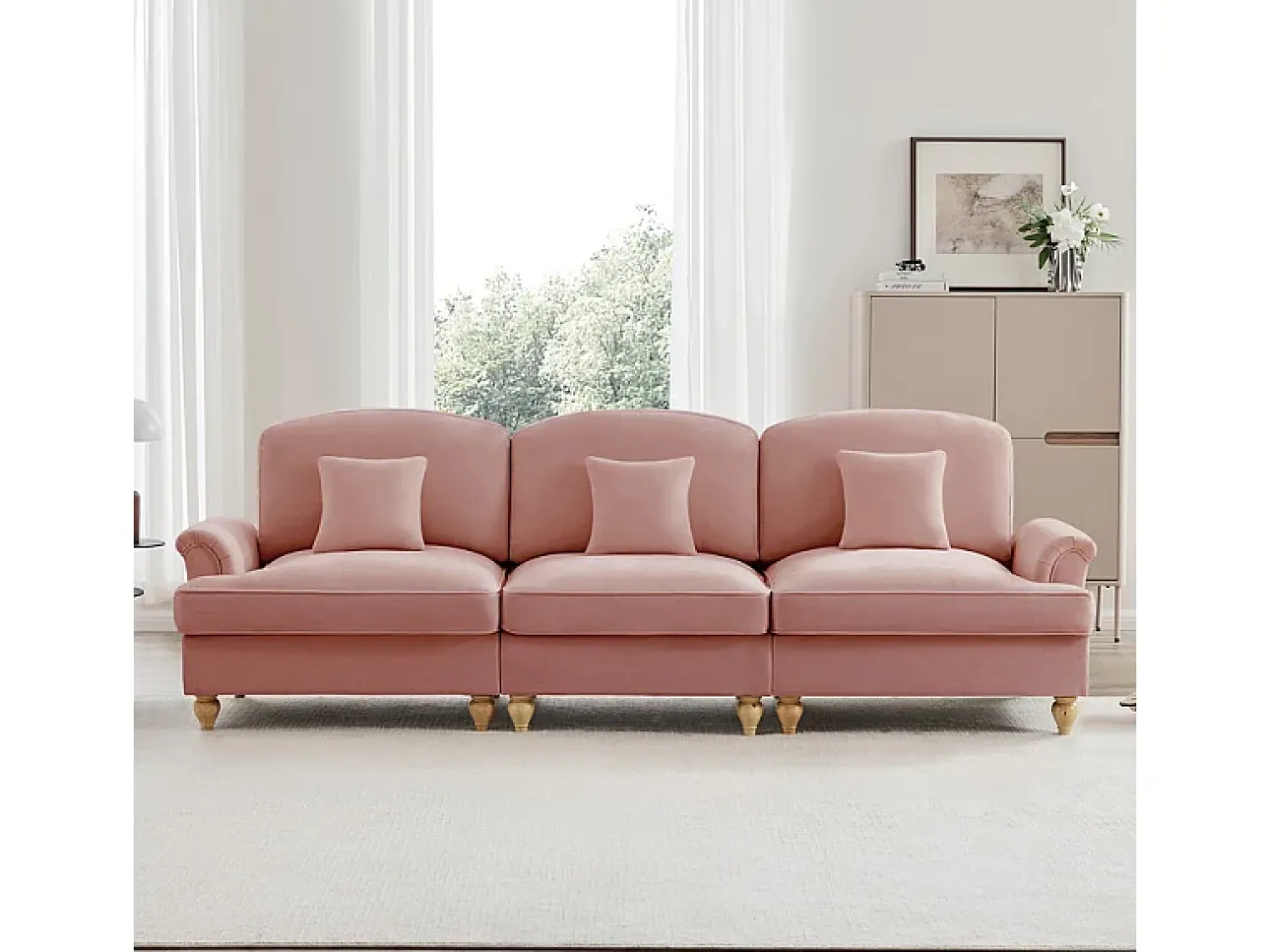 Sofá*DripeX Sofá 3 Lugares Chenille Meados do Século, Capa Removível e 3 Almofadas, 272x83.5x93cm, Rosa