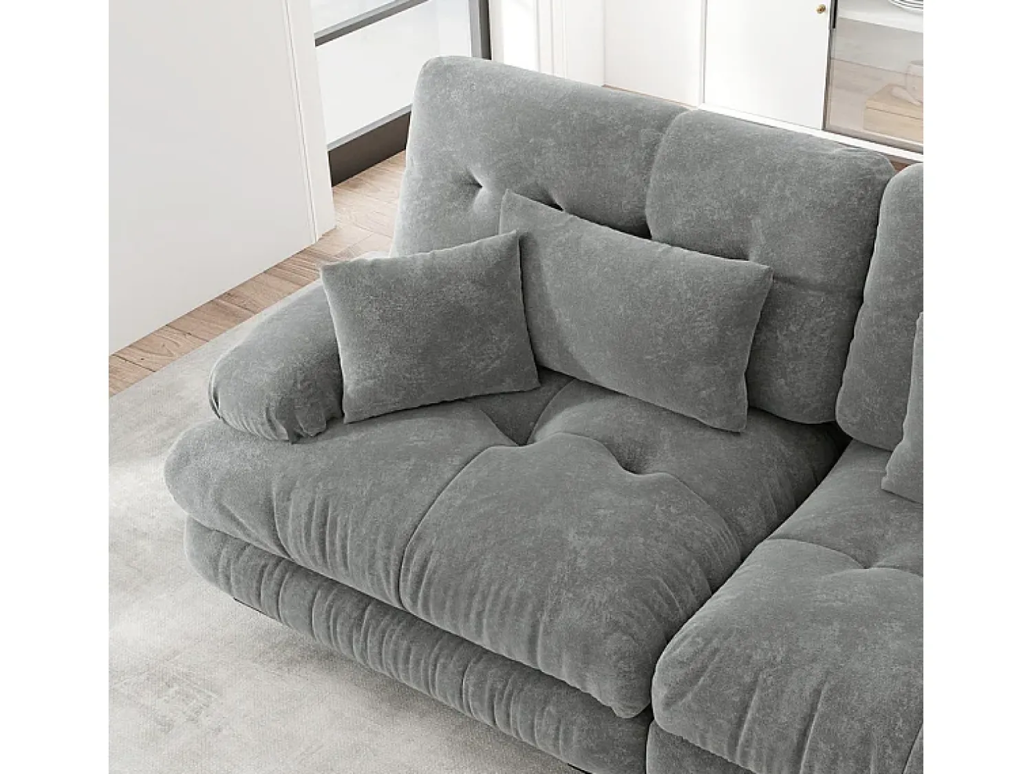 DripeX Sofá 2 lugares cinza - com 4 almofadas - estrutura madeira maciça + tecido pelúcia - 220x77x81cm^ Sofá