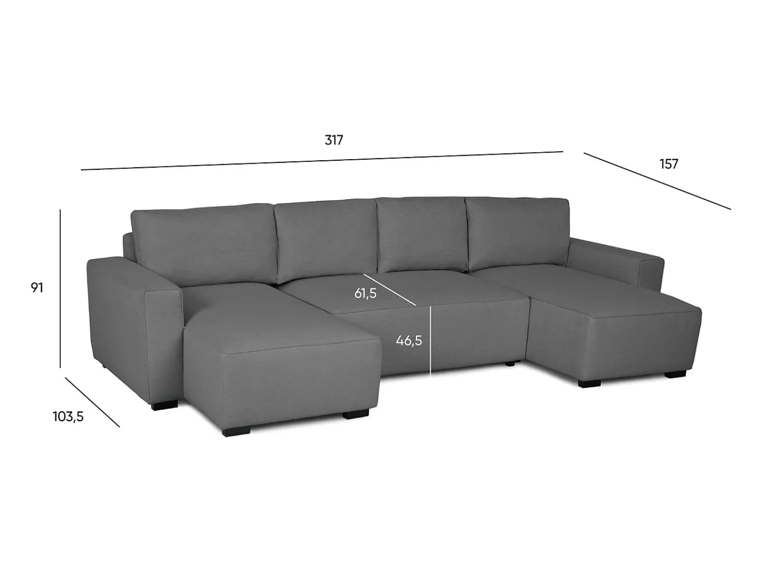 Sofá| Sofá 5 lugares - chaise avec cama panorâmica (317 x 157 x 91 cm) - JORDAN Cinzento