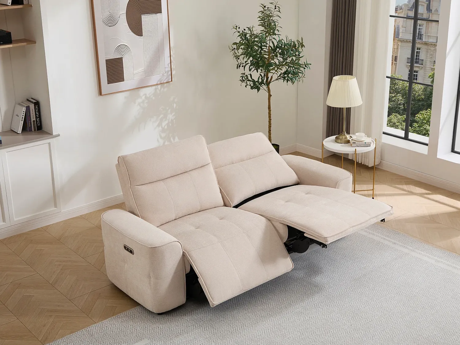 Sofá|Vente-unique Sofá 3 lugares com reclinação elétrica em tecido chenille SCAMOCO Bege