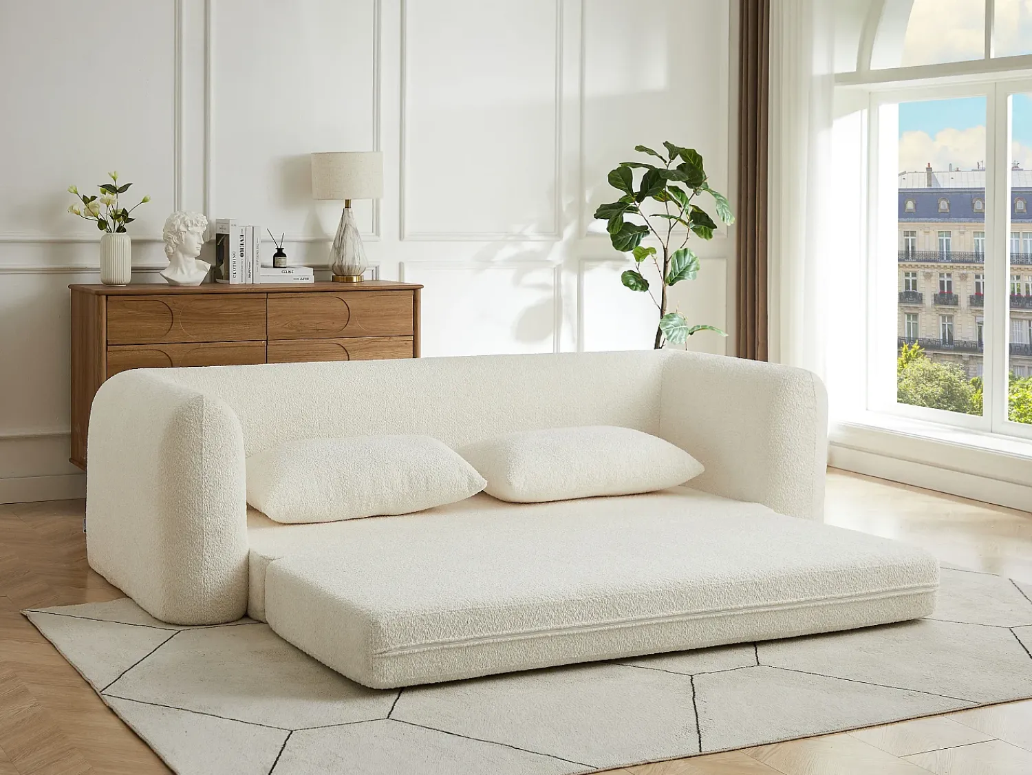 Sofá|Vente-unique Sofá 3 lugares conversível tipo chaise em tecido bouclé CATONO Bege
