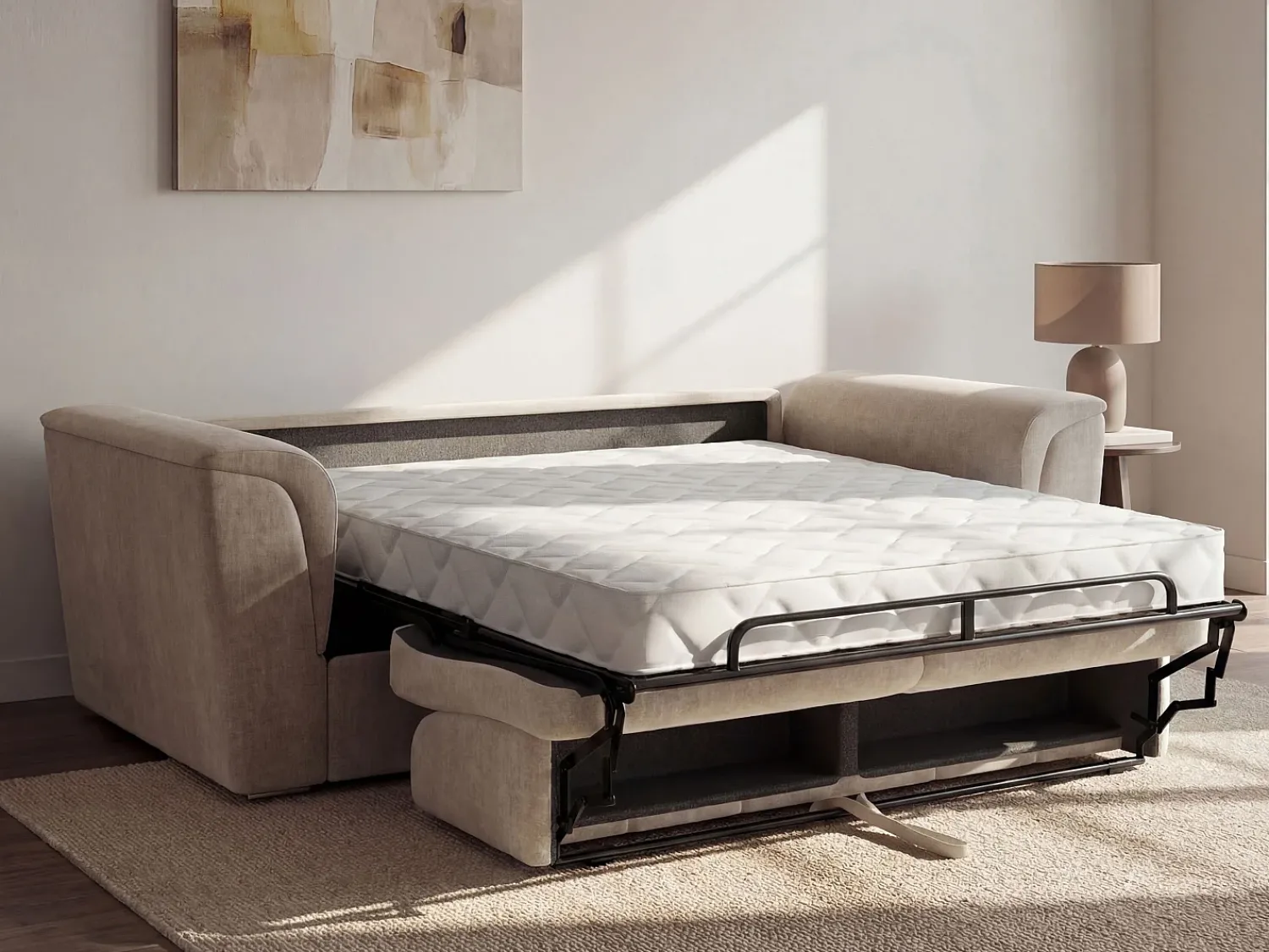 Discount Vente-unique Sofá 4 lugares convert. abert. ráp. tecido 160 cm e colchão 18 cm ripas largas RIZORA Bege