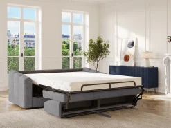 Best Vente-unique Sofá 3 lugares convertível abertura rápida tecido ripas largas 140 cm Colchão 18 cm DARIELO Cinzento