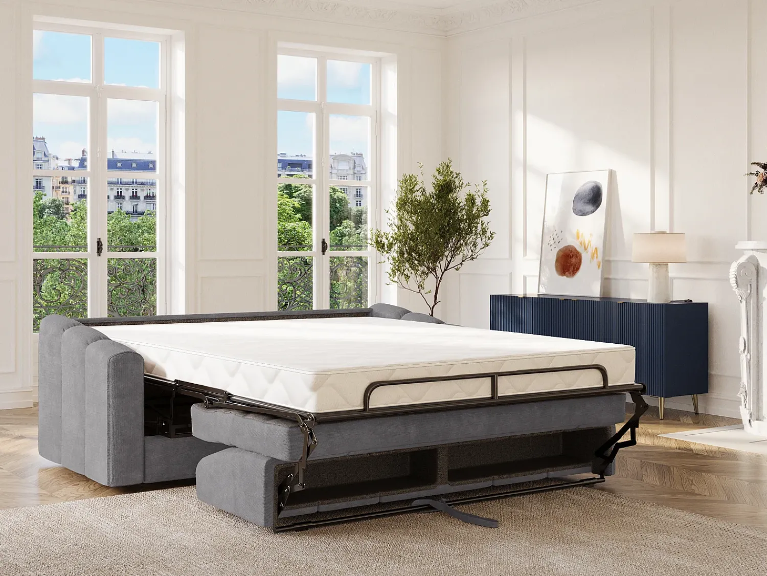 Sofá|Vente-unique Sofá 4 lugares convertível abertura rápida tecido ripas largas 160 cm Colchão 22 cm DARIELO Cinzento