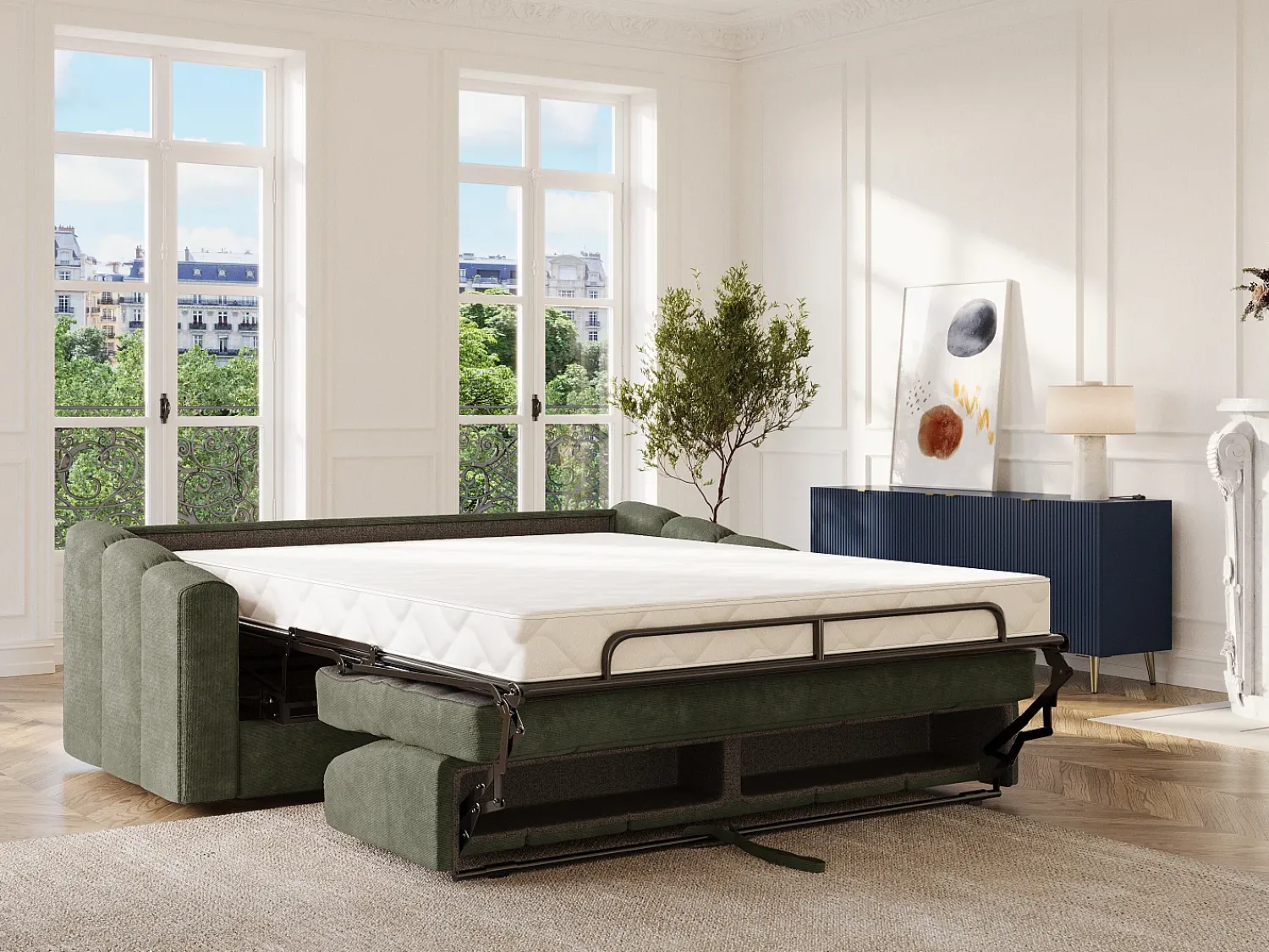 Vente-unique Sofá 3 lugares convertível abertura rápida tecido texturizado verde 140 cm Colchão 14 cm DARIELO^ Sofá