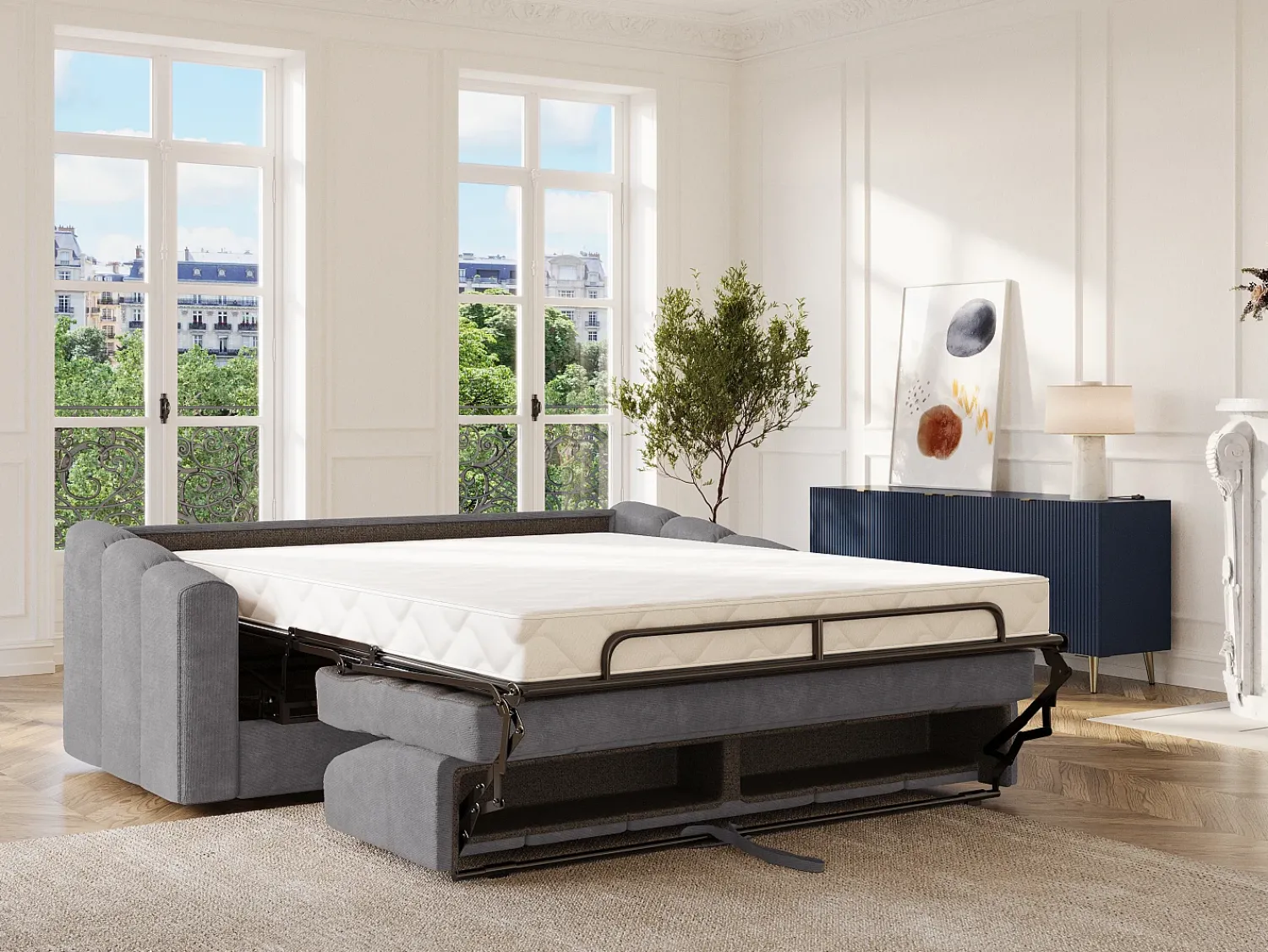 Sofá|Vente-unique Sofá 4 lugares convertível abertura rápida tecido ripas largas 160 cm Colchão 14 cm DARIELO Cinzento