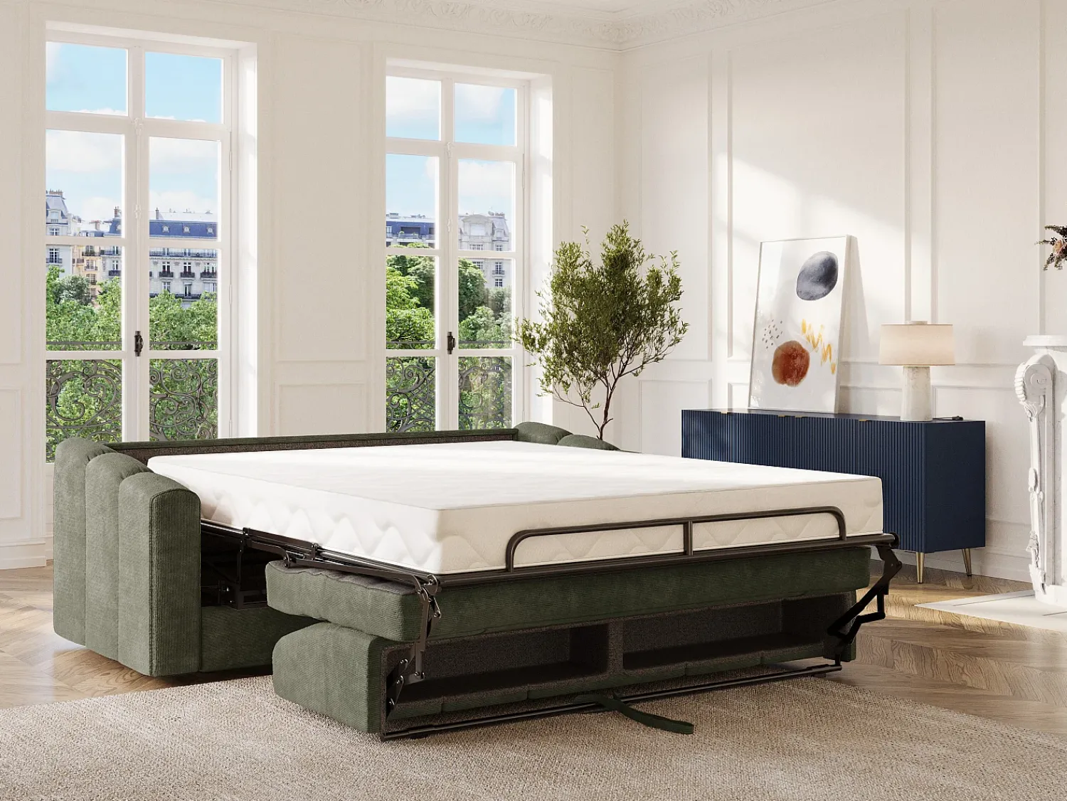 Discount Vente-unique Sofá 3 lugares convertível abertura rápida em tecido verde ripas largas 140 cm - 22 cm DARIELO Caqui