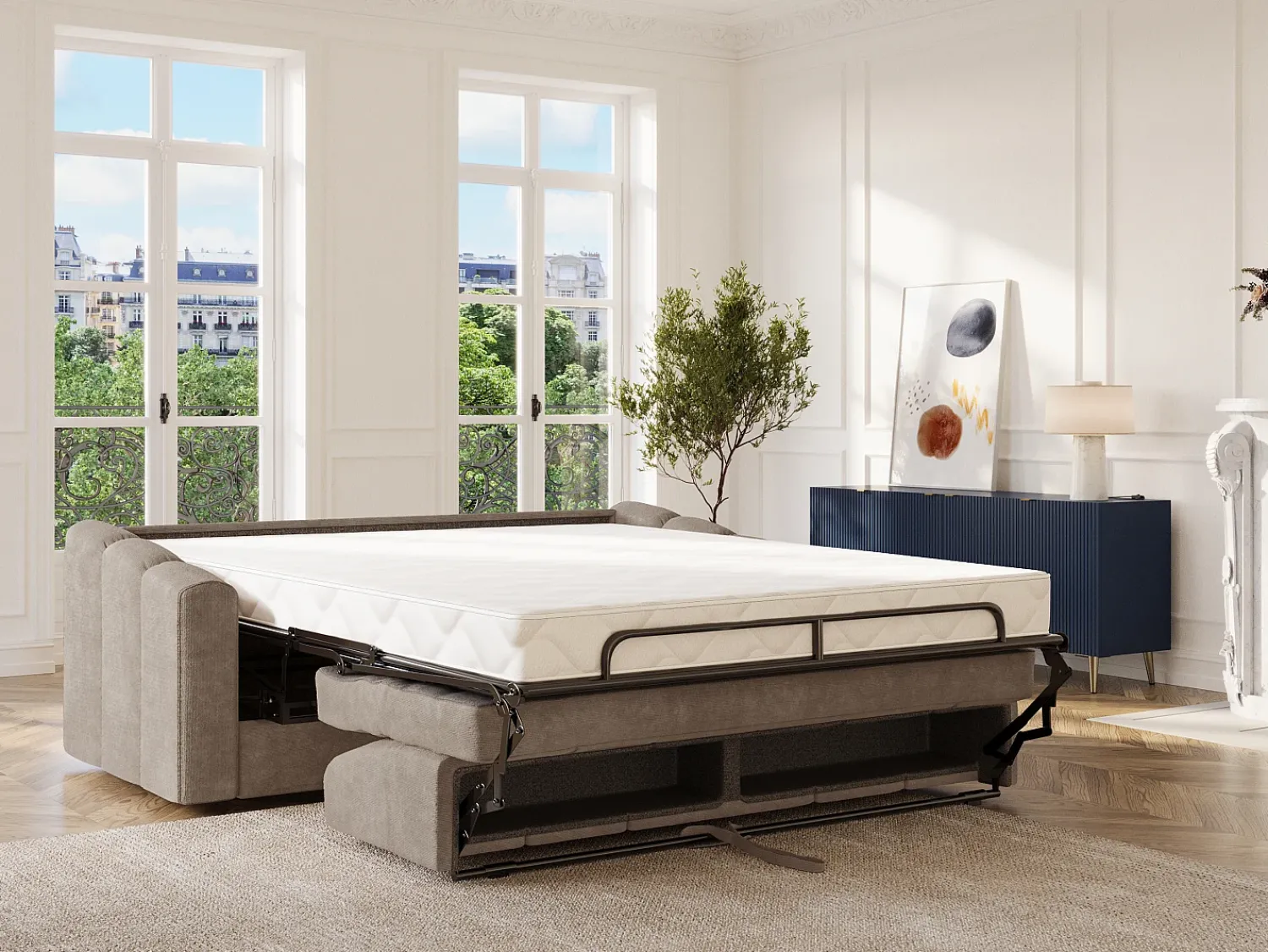 Vente-unique Sofá 4 lugares convertível abertura rápida em tecido texturizado 160 cm Colchão 22 cm DARIELO^ Sofá
