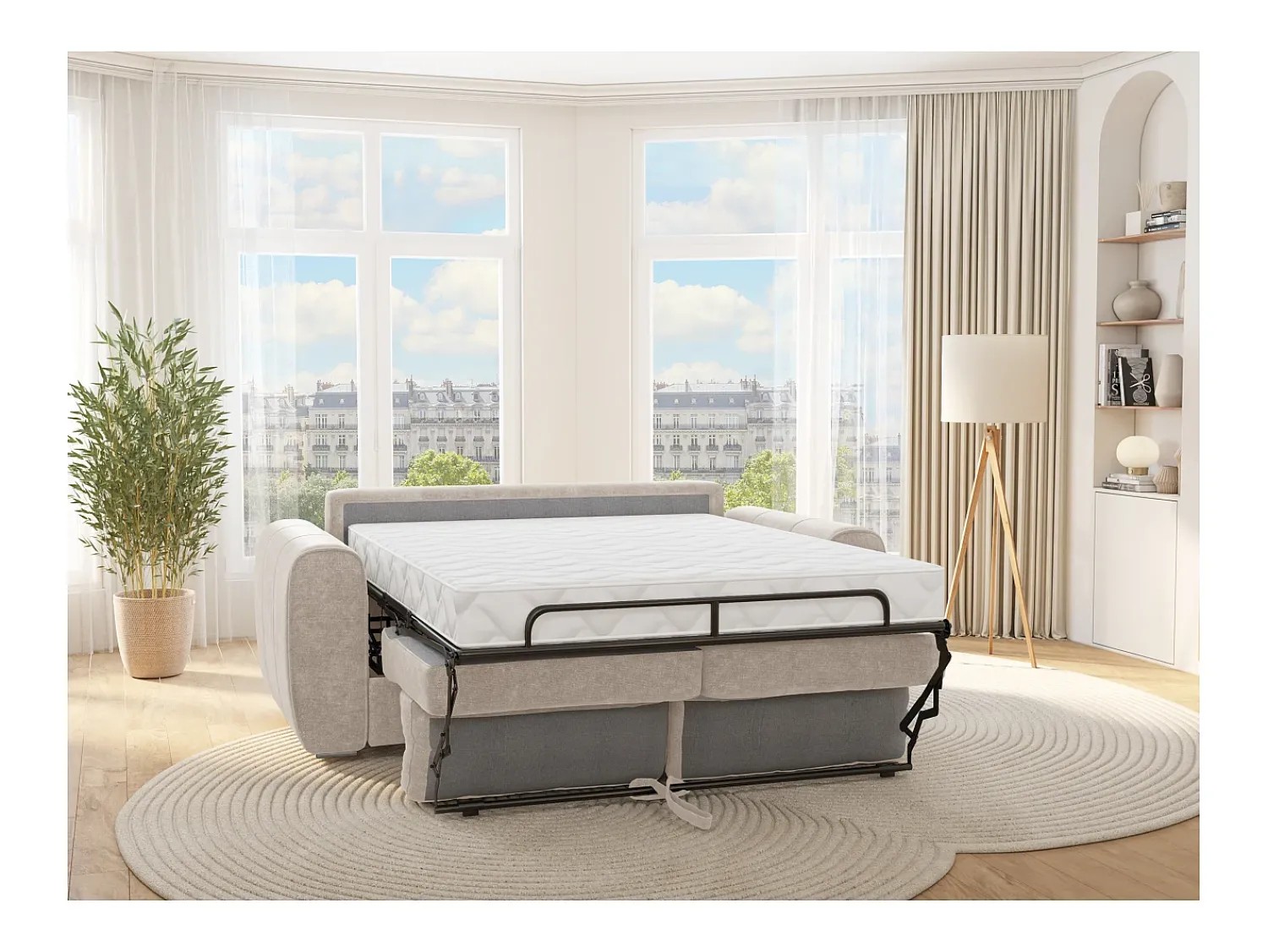 Sofá*Vente-unique Sofá 4 lugares convertível abertura rápida tecido , cama 160 cm e colchão 22 cm BOLIPO Bege