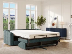 Vente-unique Sofá 4 lugares convertível abertura rápida tecido azul ripas largas 160 cm Colchão 22 cm DARIELO^ Sofá