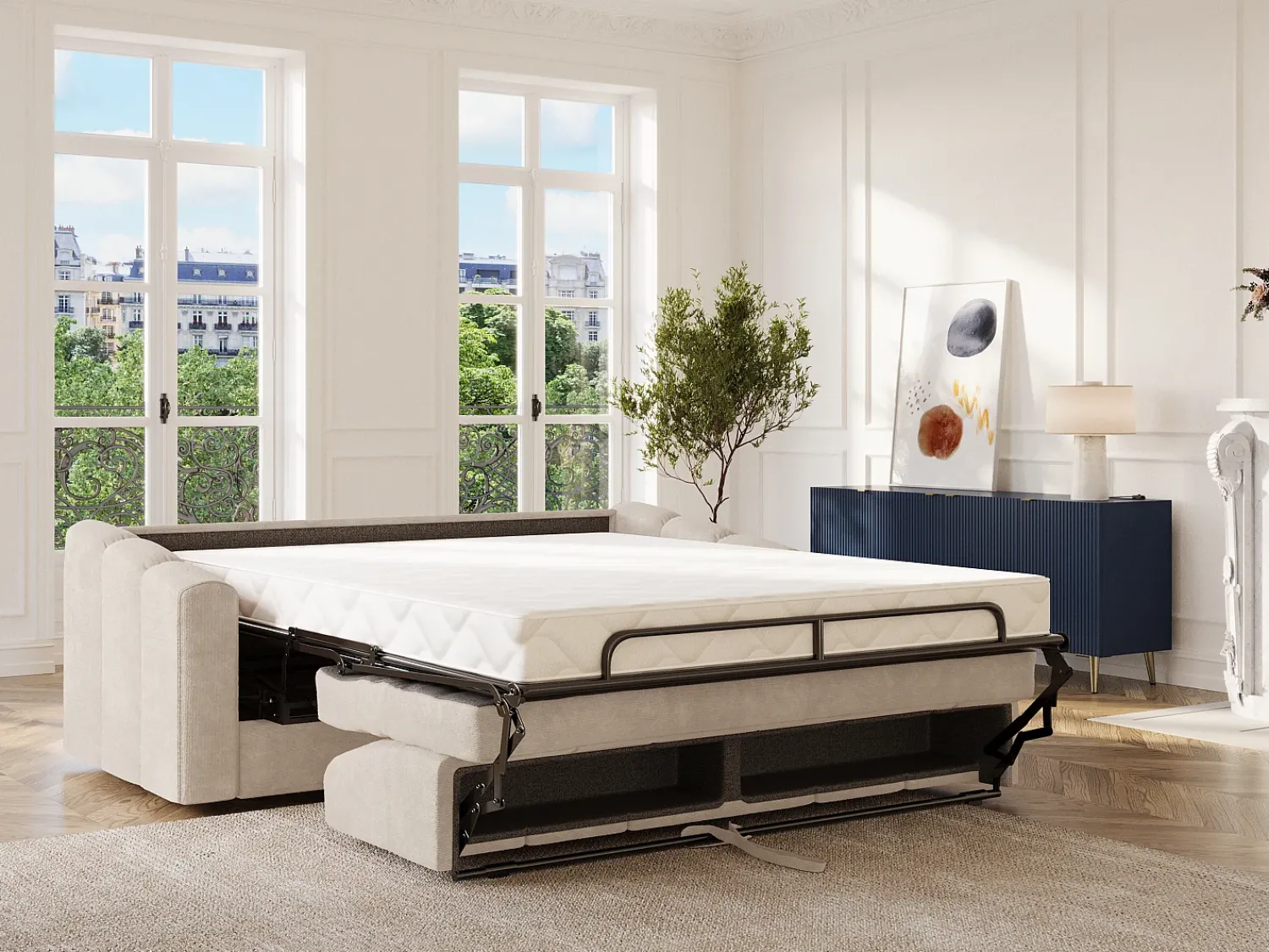 Clearance Vente-unique Sofá 3 lugares convertível abertura rápida tecido ripas largas 140 cm Colchão 22 cm DARIELO Bege
