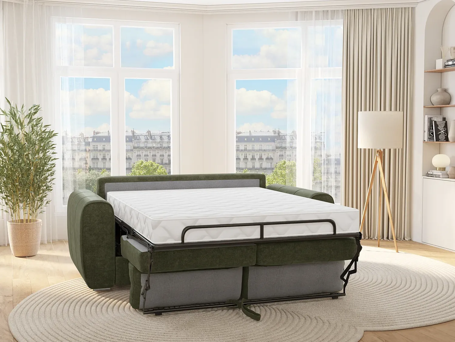 Sofá|Vente-unique Sofá 3 lugares convertível abertura rápida tecido , cama 140cm e colchão 14cm BOLIPO Verde