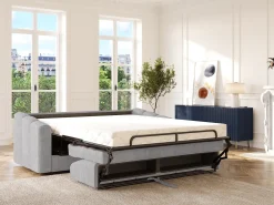 Sofá*Vente-unique Sofá 3 lugares convertível abertura rápida tecido texturizado 140 cm Colchão 18 cm DARIELO Cinzento claro