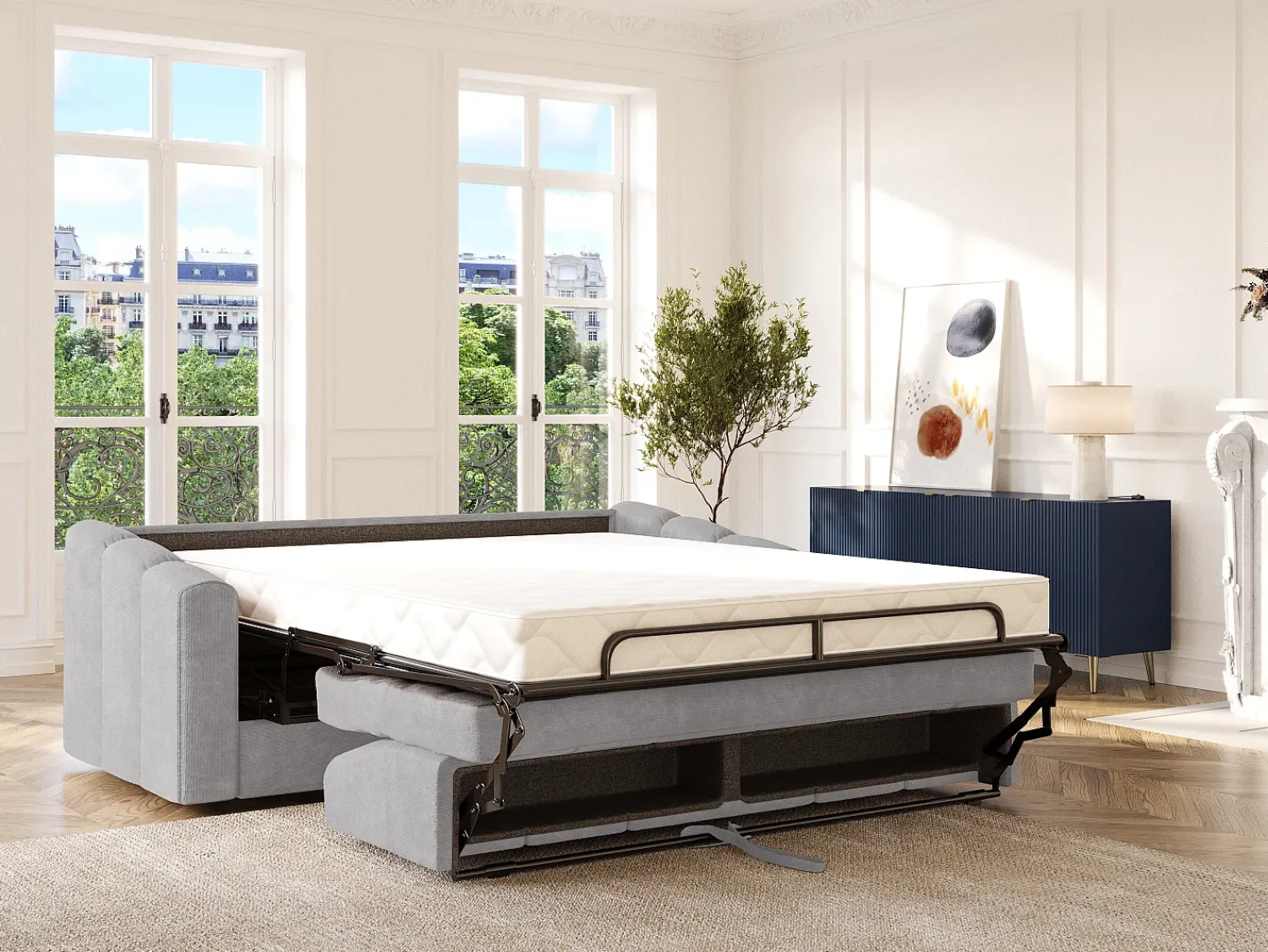 Sofá*Vente-unique Sofá 3 lugares convertível abertura rápida tecido texturizado 140 cm Colchão 18 cm DARIELO Cinzento claro
