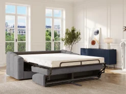 Hot Vente-unique Sofá 3 lugares convertível abertura rápida em tecido texturizado 140 cm Colchão 14 cm DARIELO Cinzento