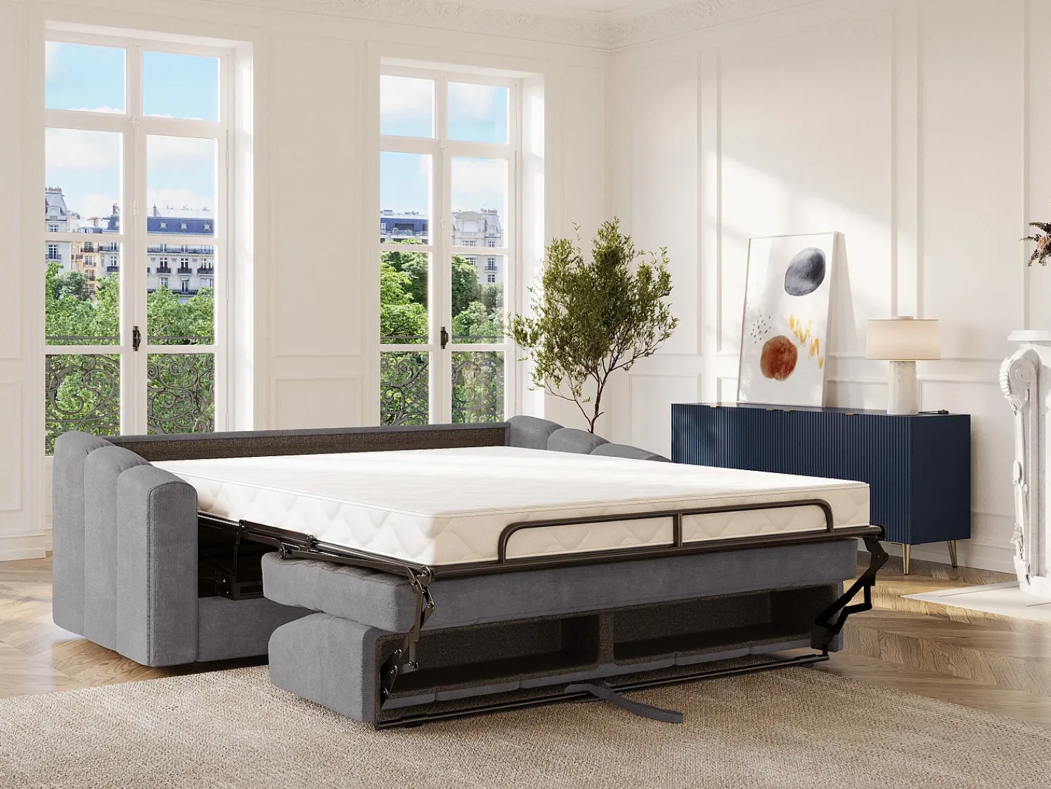 Hot Vente-unique Sofá 3 lugares convertível abertura rápida em tecido texturizado 140 cm Colchão 14 cm DARIELO Cinzento