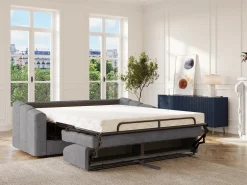 Clearance Vente-unique Sofá 4 lugares convertível abertura rápida em tecido texturizado 160 cm Colchão 14 cm DARIELO Cinzento