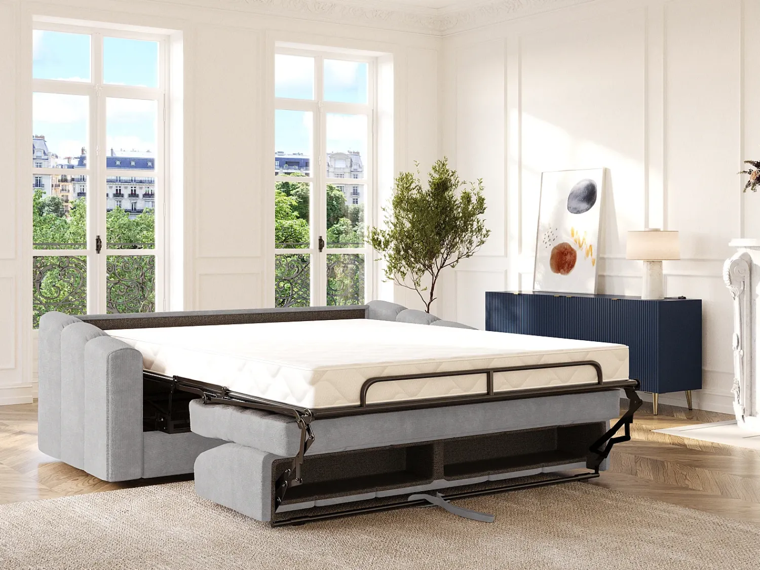 Sale Vente-unique Sofá 4 lugares convertível abertura rápida tecido ripas largas 160 cm - 18 cm DARIELO Cinzento claro