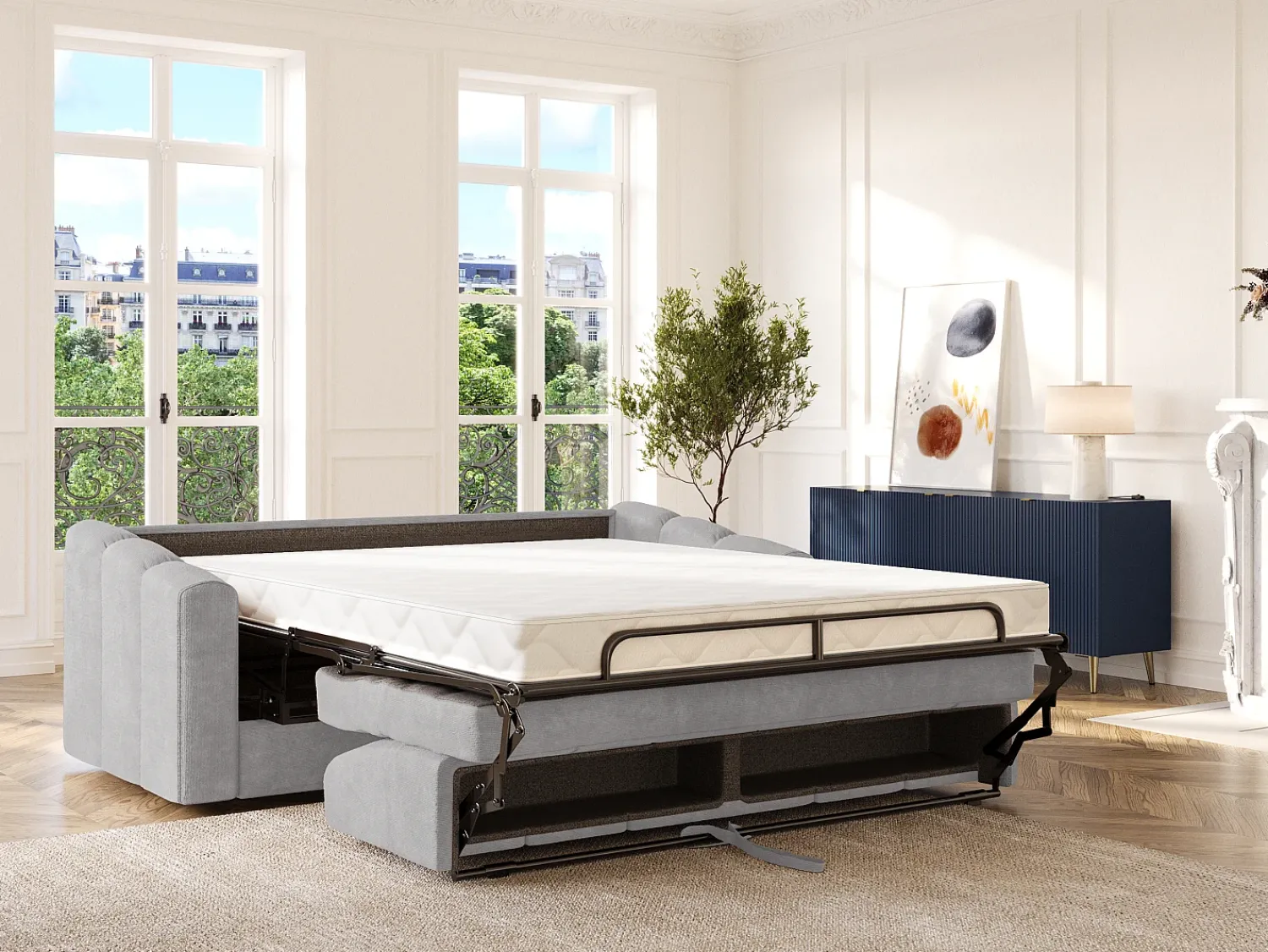 New Vente-unique Sofá 4 lugares convertível abertura rápida tecido texturizado 160 cm Colchão 14 cm DARIELO Cinzento claro