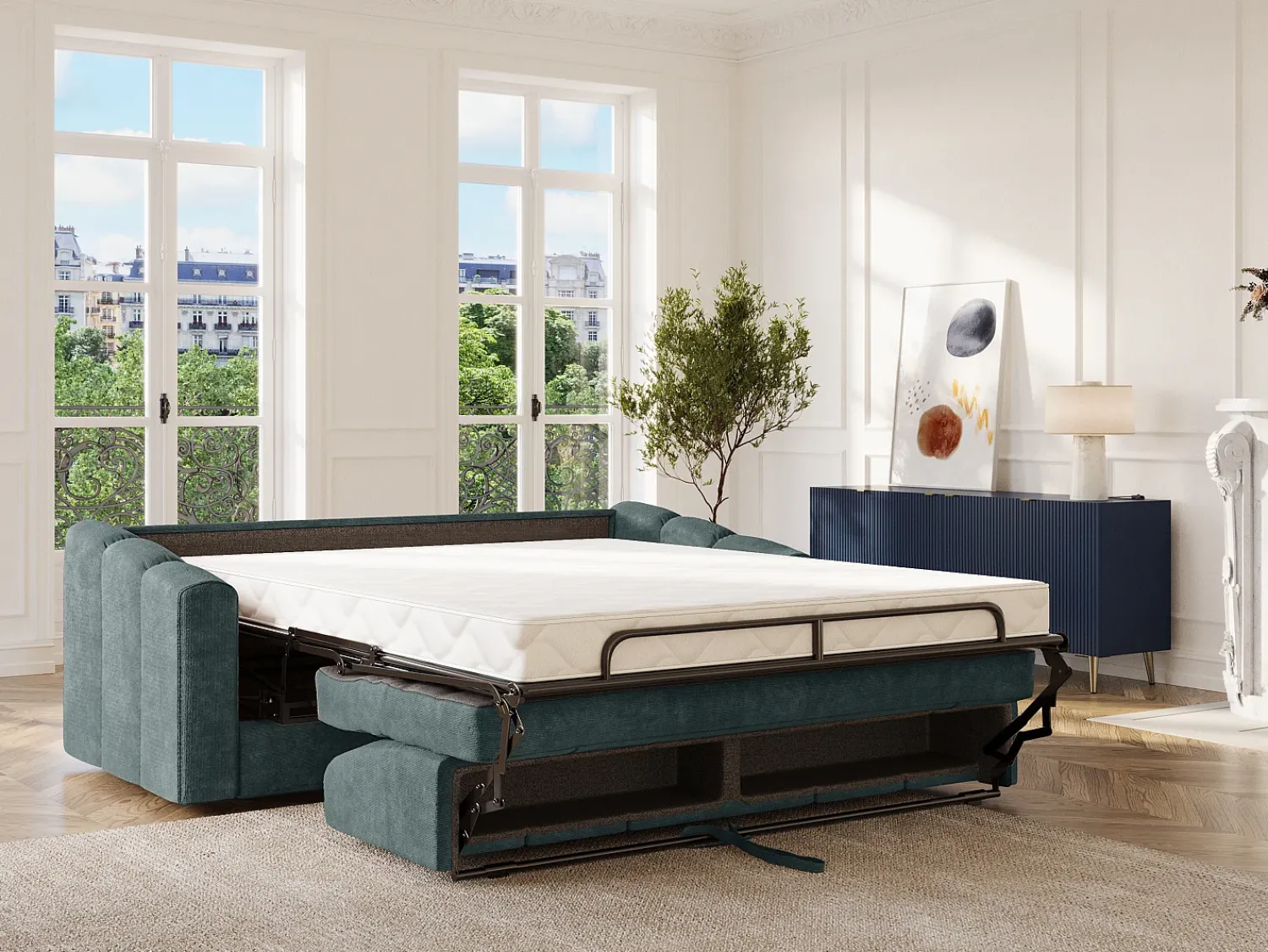 Sofá*Vente-unique Sofá 3 lugares convertível abertura rápida tecido bege ripas largas 140 cm Colchão 14 cm DARIELO Azul esverdeado