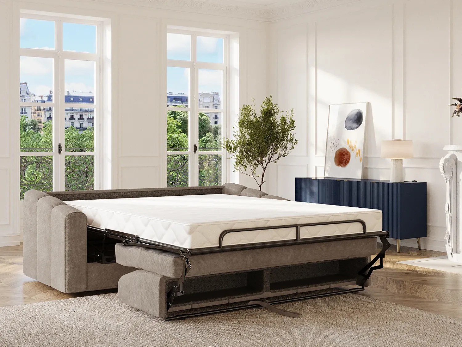 Sofá|Vente-unique Sofá 4 lugares convertível abertura rápida tecido ripas largas 160 cm Colchão 18 cm DARIELO Taupe