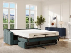 Sofá*Vente-unique Sofá 3 lugares convertível abertura rápida tecido azul ripas largas 140 cm Colchão 22 cm DARIELO Azul esverdeado