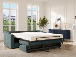 Discount Vente-unique Sofá 3 lugares convertível abertura rápida tecido azul ripas largas 140 cm Colchão 18 cm DARIELO Azul esverdeado