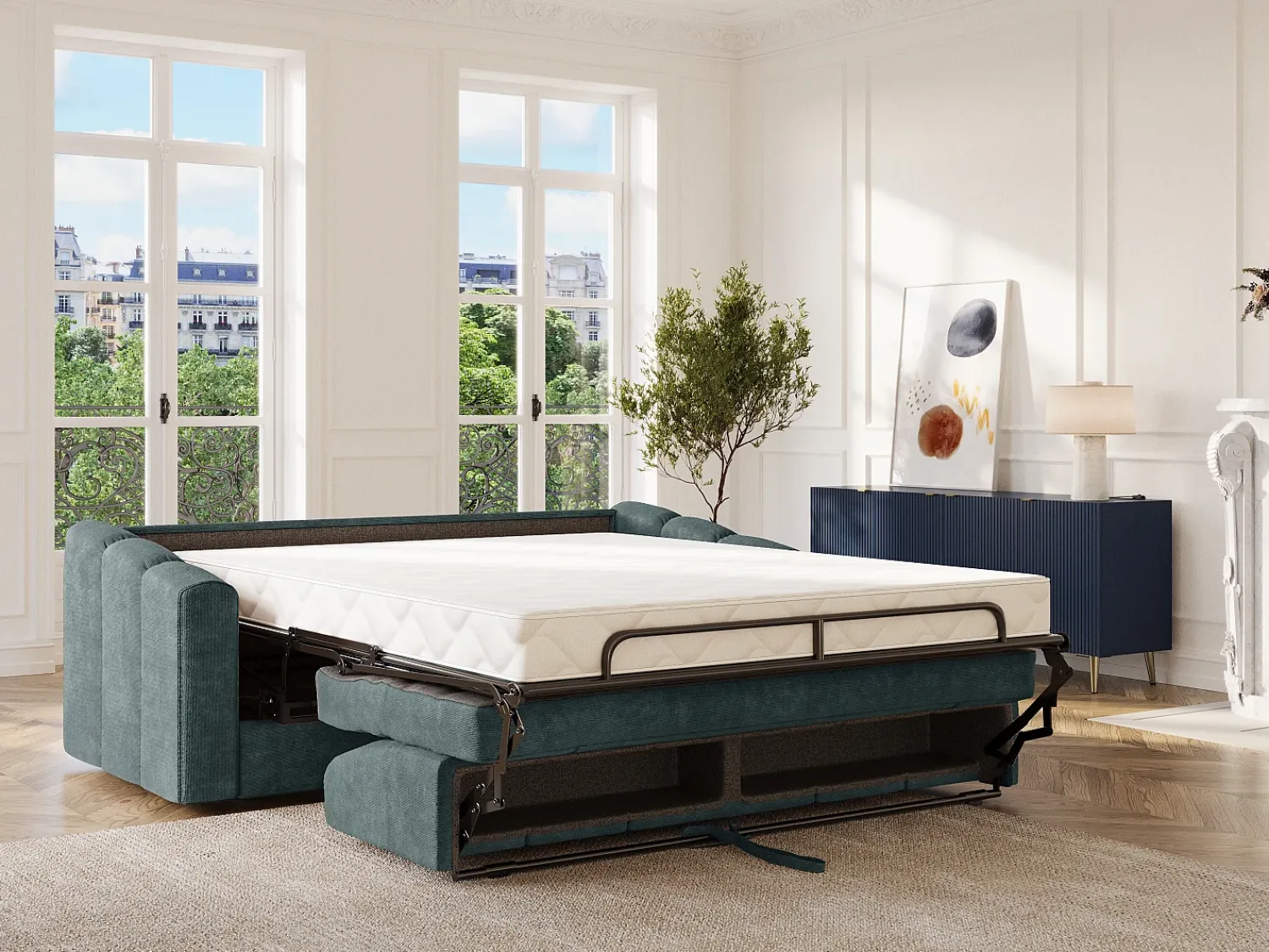 Discount Vente-unique Sofá 3 lugares convertível abertura rápida tecido azul ripas largas 140 cm Colchão 18 cm DARIELO Azul esverdeado
