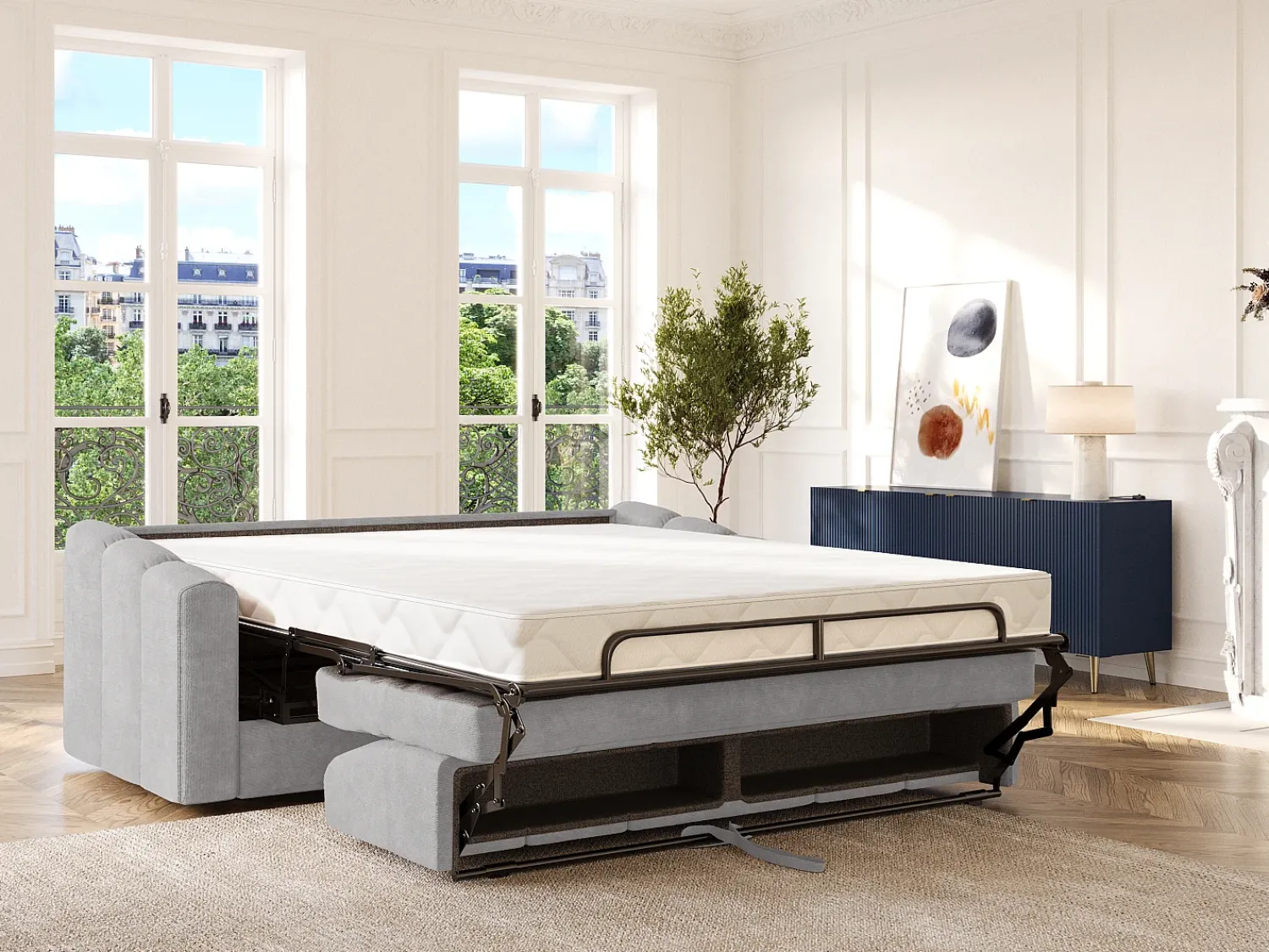 Sofá*Vente-unique Sofá 4 lugares convertível abertura rápida tecido texturizado 160 cm Colchão 22 cm DARIELO Cinzento claro