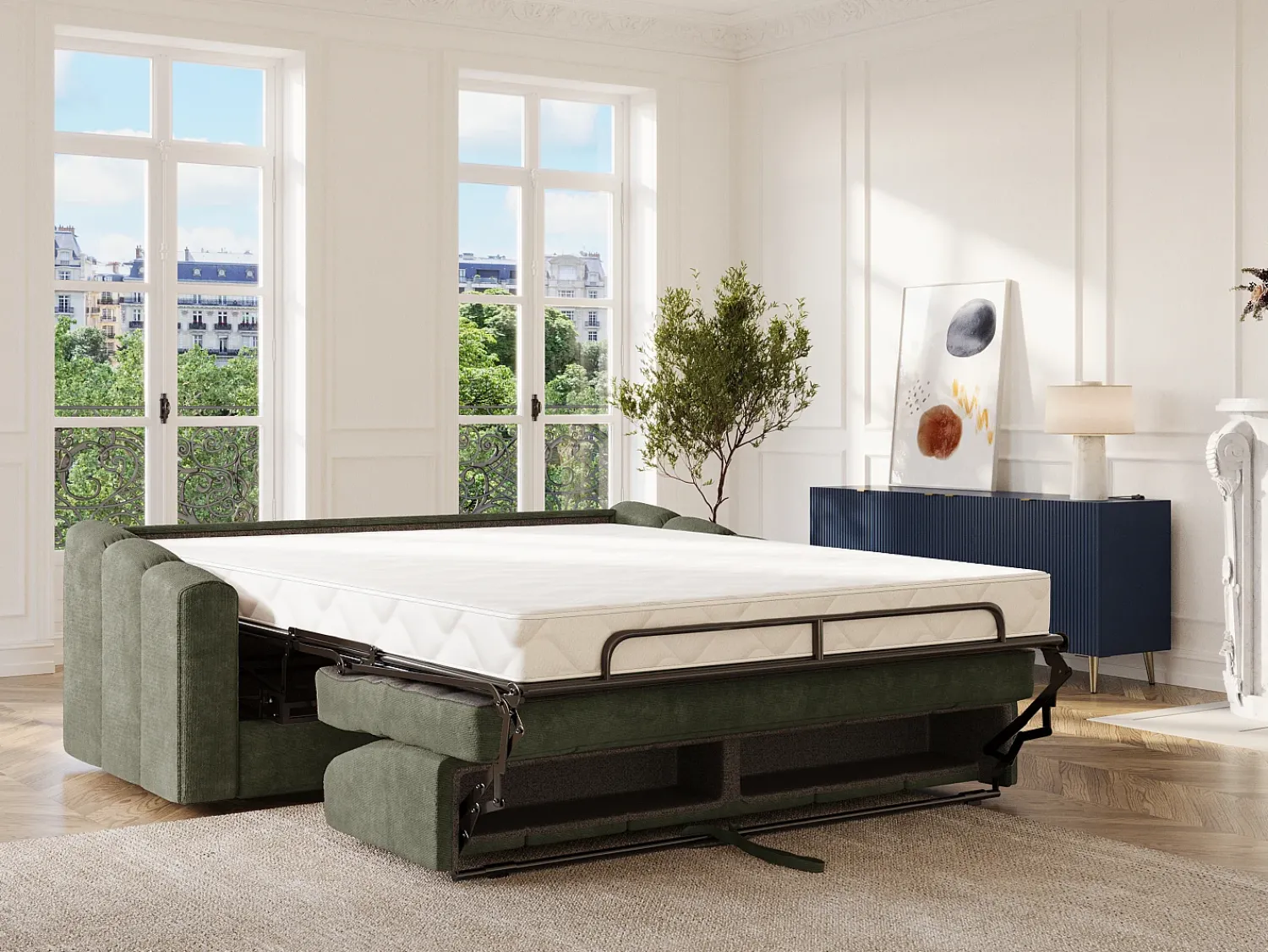 Sofá*Vente-unique Sofá 4 lugares convertível abertura rápida tecido verde ripas largas 160 cm - 22 cm DARIELO Caqui