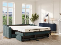 Vente-unique Sofá 4 lugares convertível abertura rápida tecido azul ripas largas 160 cm Colchão 14 cm DARIELO^ Sofá