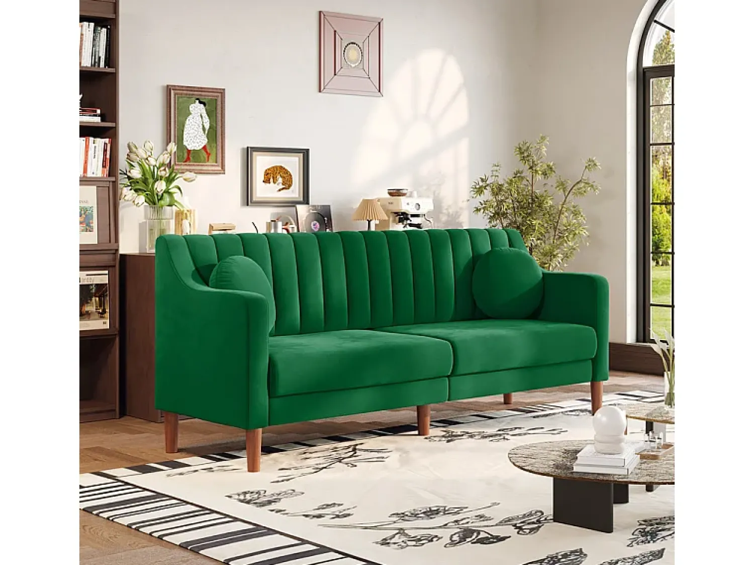 Sofá|DripeX Sofá 3 lugares de veludo - pés de madeira maciça 19cm - com 2 almofadas - 206x74x83cm - Verde