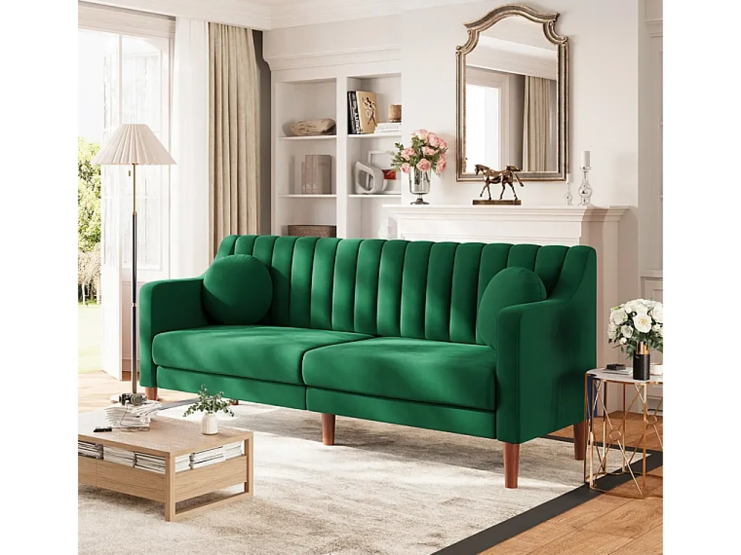 Sofá|DripeX Sofá 3 lugares de veludo - pés de madeira maciça 19cm - com 2 almofadas - 206x74x83cm - Verde