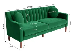 Sofá|DripeX Sofá 3 lugares de veludo - pés de madeira maciça 19cm - com 2 almofadas - 206x74x83cm - Verde