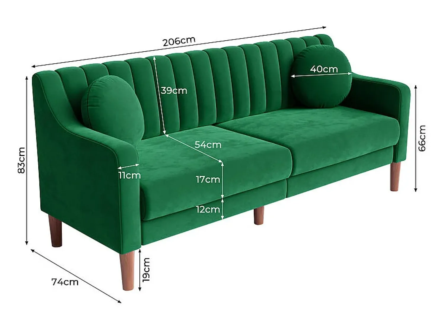 Sofá|DripeX Sofá 3 lugares de veludo - pés de madeira maciça 19cm - com 2 almofadas - 206x74x83cm - Verde
