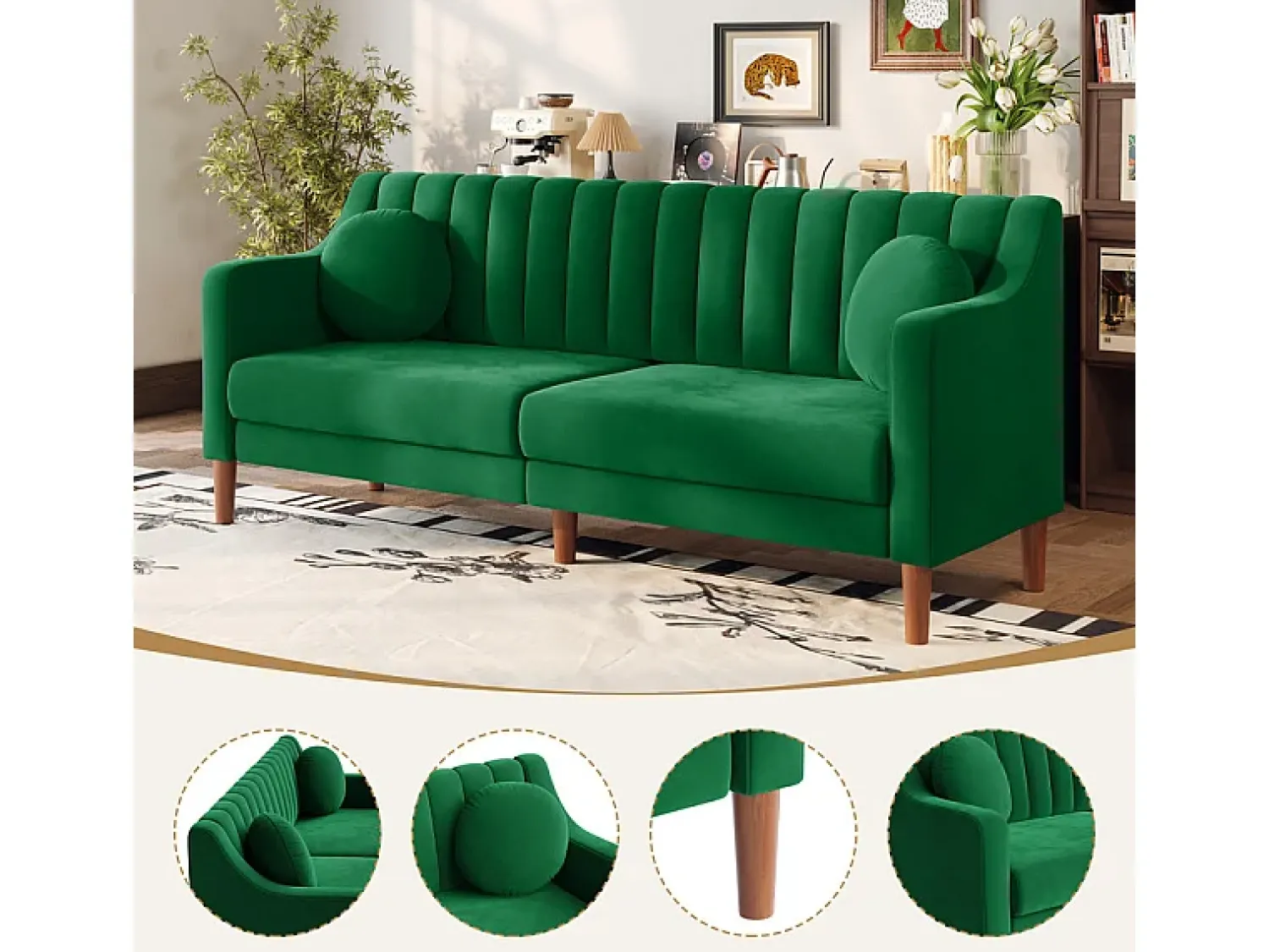 Sofá|DripeX Sofá 3 lugares de veludo - pés de madeira maciça 19cm - com 2 almofadas - 206x74x83cm - Verde
