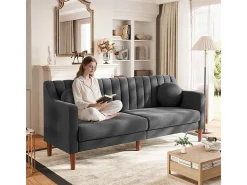 Sofá|DripeX Sofá 3 lugares de veludo - pés de madeira maciça 19cm - com 2 almofadas - 206x74x83cm - Cinza Cinzento