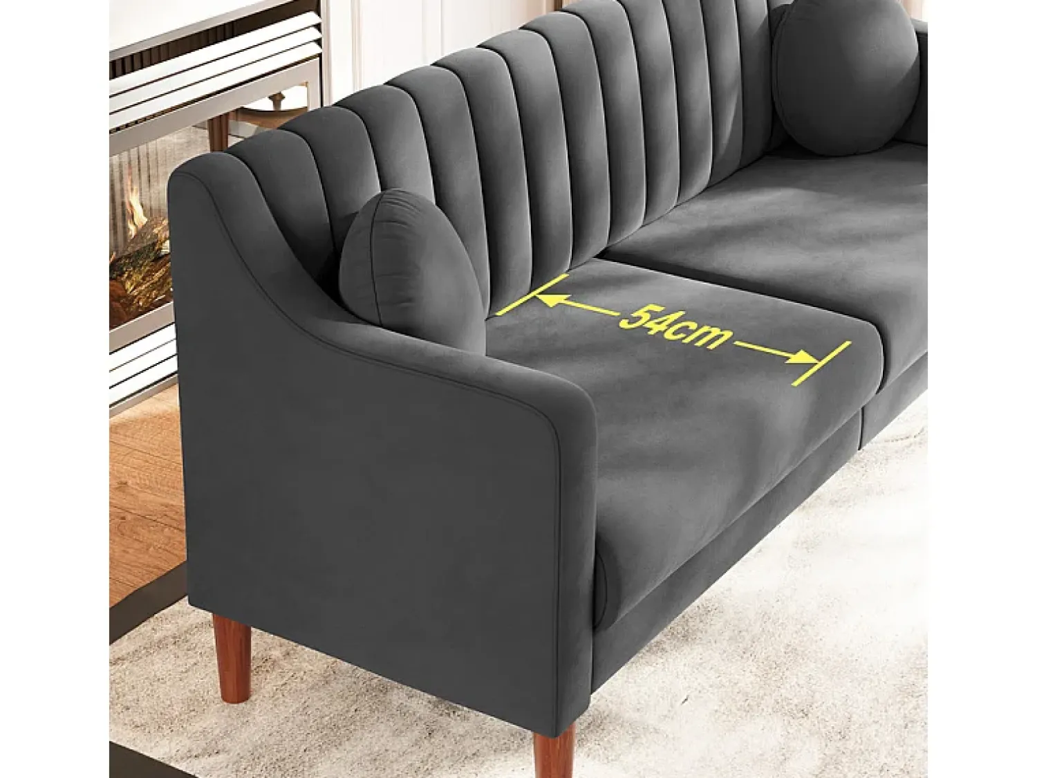 Sofá|DripeX Sofá 3 lugares de veludo - pés de madeira maciça 19cm - com 2 almofadas - 206x74x83cm - Cinza Cinzento