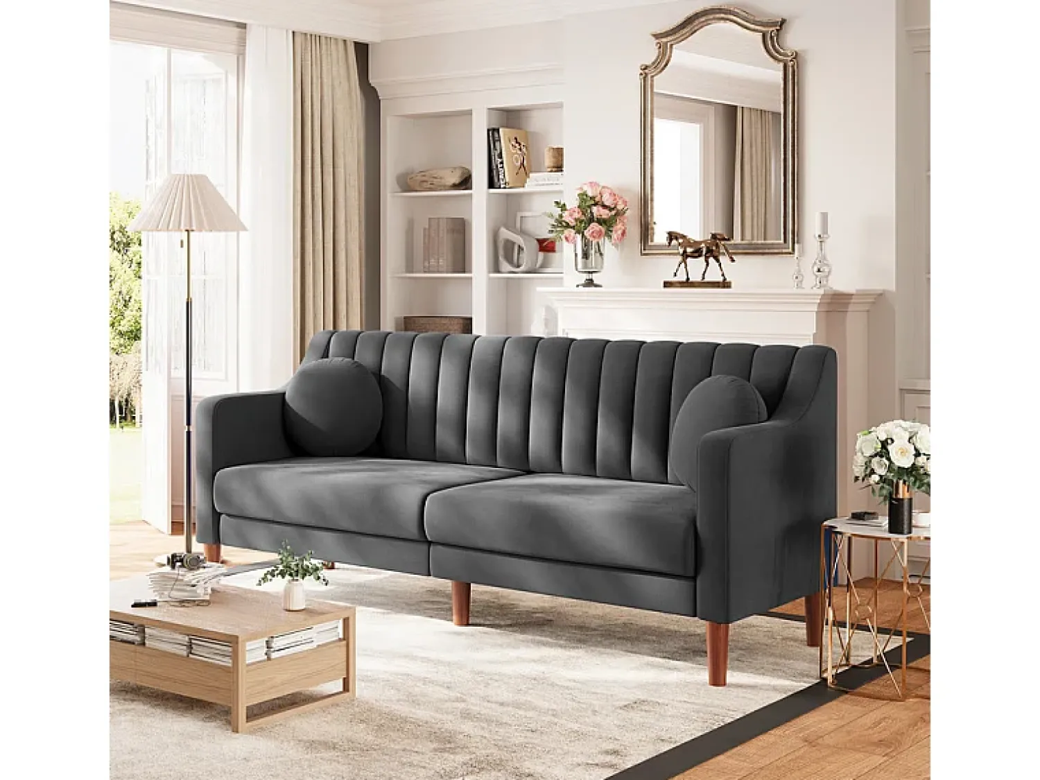 Sofá|DripeX Sofá 3 lugares de veludo - pés de madeira maciça 19cm - com 2 almofadas - 206x74x83cm - Cinza Cinzento