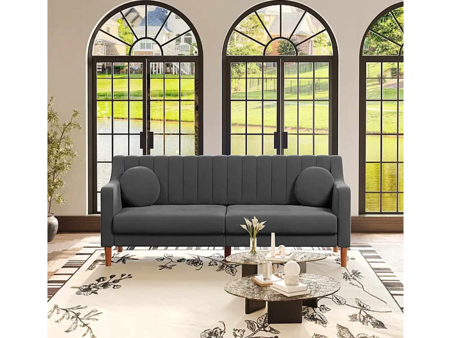 Sofá|DripeX Sofá 3 lugares de veludo - pés de madeira maciça 19cm - com 2 almofadas - 206x74x83cm - Cinza Cinzento