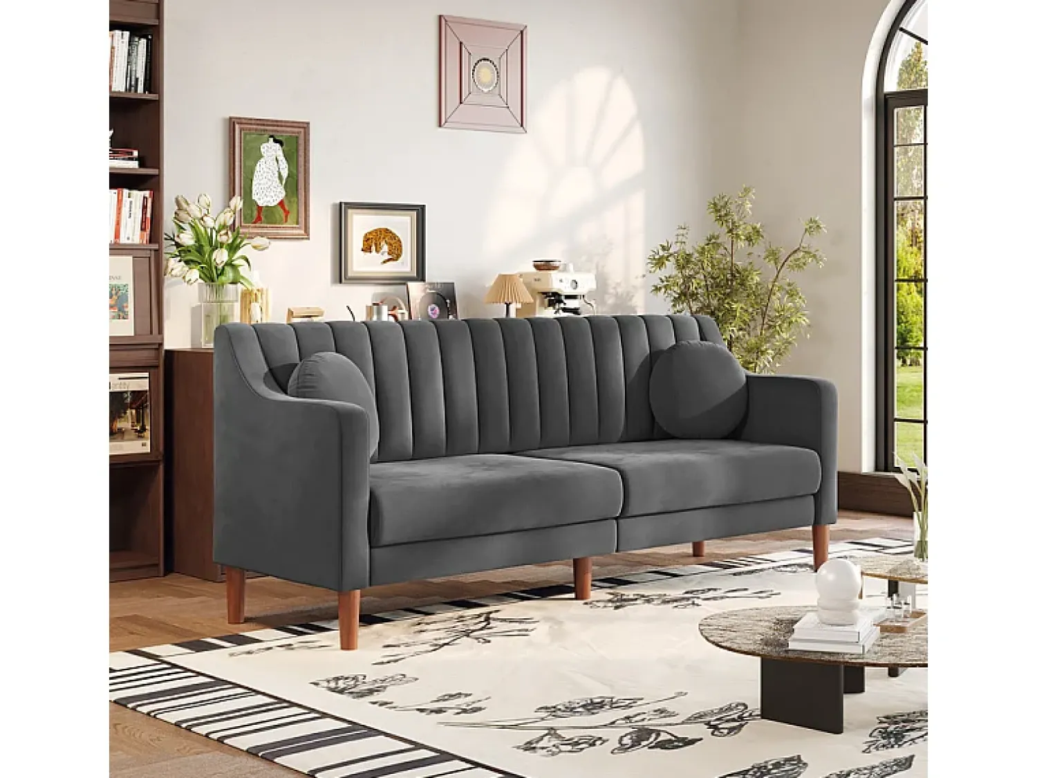 Sofá|DripeX Sofá 3 lugares de veludo - pés de madeira maciça 19cm - com 2 almofadas - 206x74x83cm - Cinza Cinzento