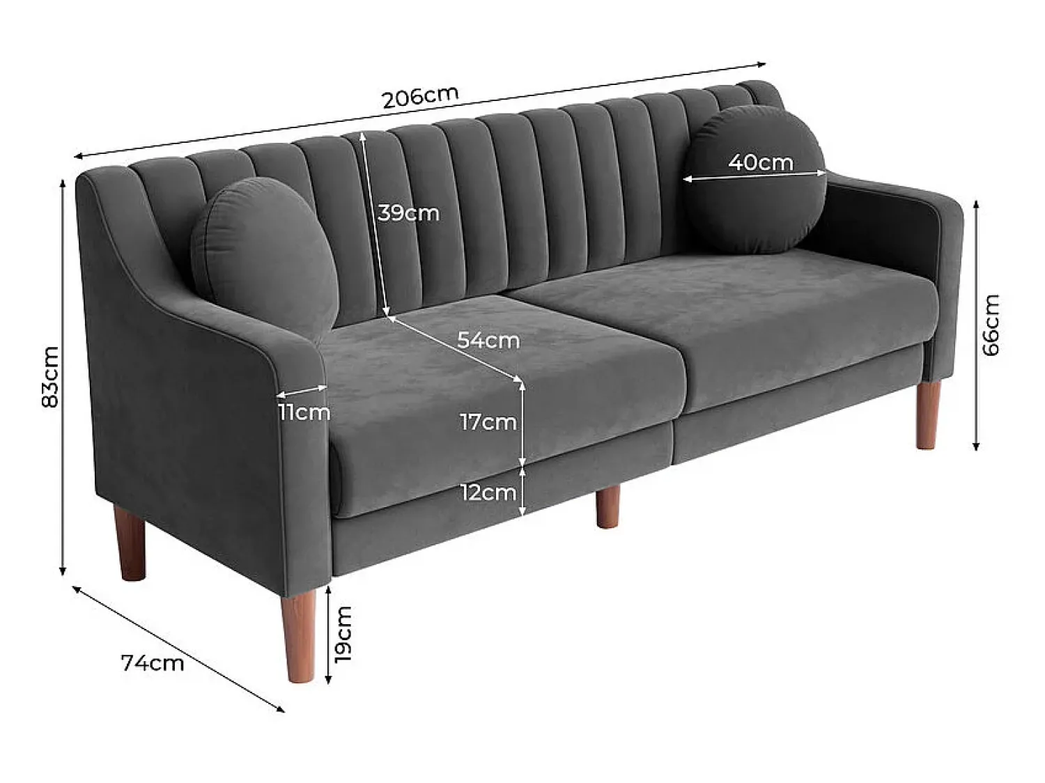 Sofá|DripeX Sofá 3 lugares de veludo - pés de madeira maciça 19cm - com 2 almofadas - 206x74x83cm - Cinza Cinzento