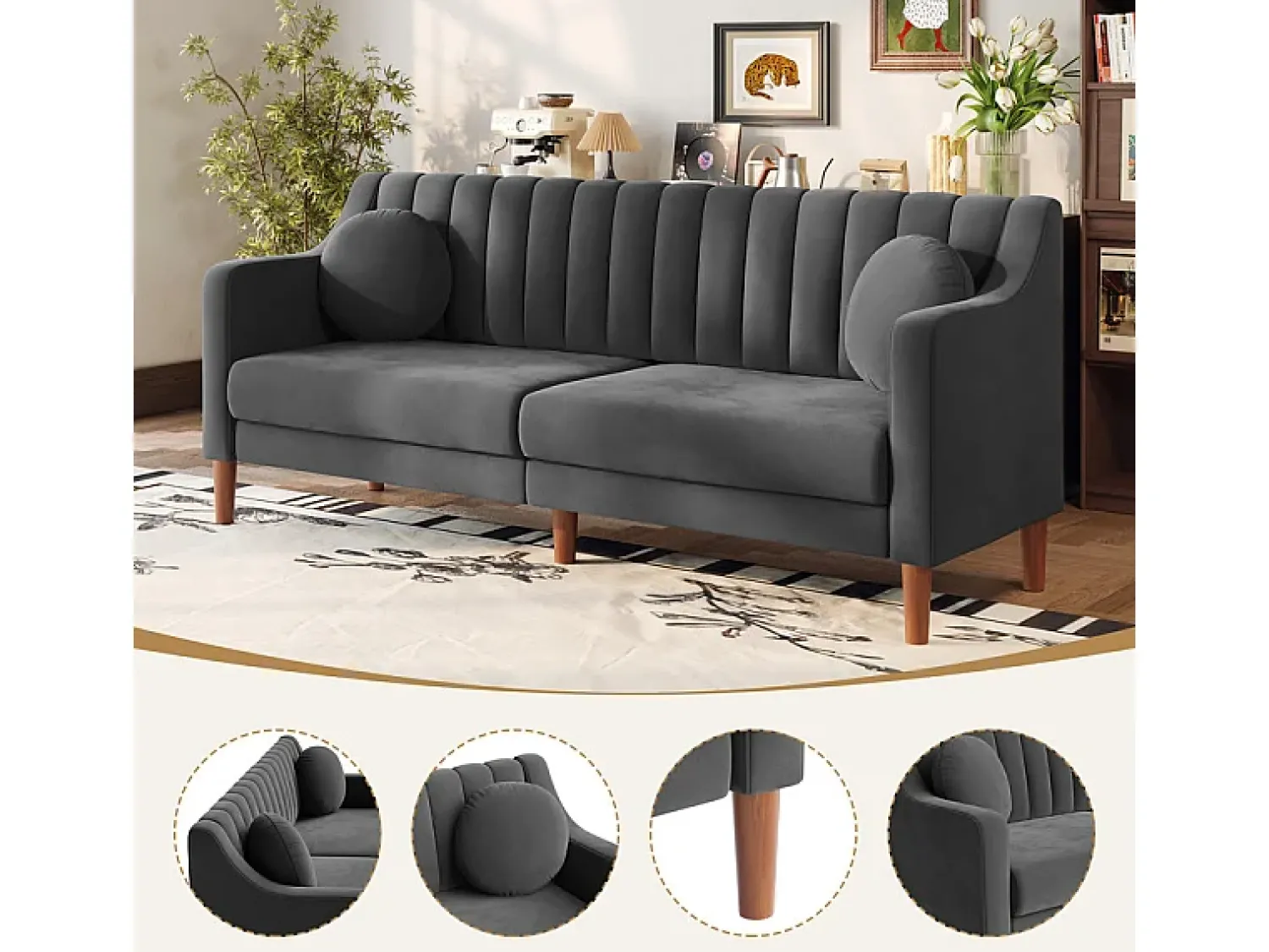 Sofá|DripeX Sofá 3 lugares de veludo - pés de madeira maciça 19cm - com 2 almofadas - 206x74x83cm - Cinza Cinzento