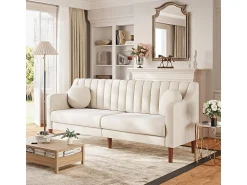Sofá|DripeX Sofá 3 lugares de veludo - pés de madeira maciça 19cm - com 2 almofadas - 206x74x83cm - Bege