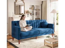 Sale DripeX Sofá 3 lugares de veludo - pés de madeira maciça 19cm - com 2 almofadas - 206x74x83cm - Azul