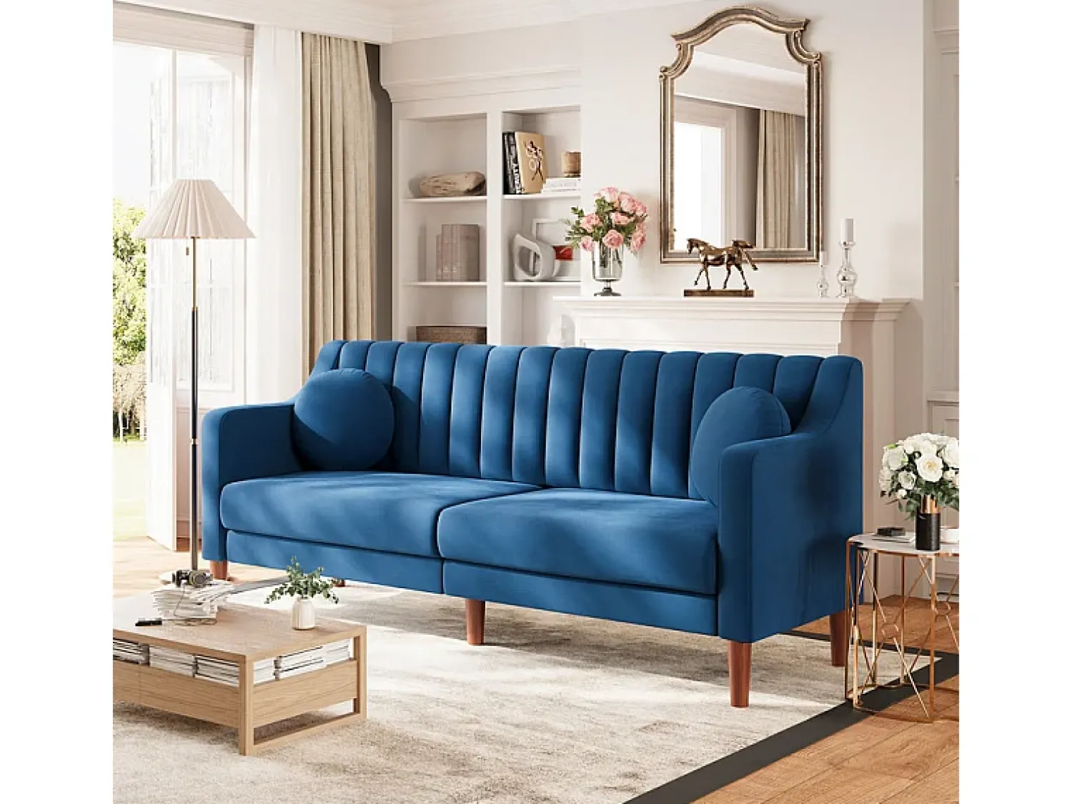 Sale DripeX Sofá 3 lugares de veludo - pés de madeira maciça 19cm - com 2 almofadas - 206x74x83cm - Azul