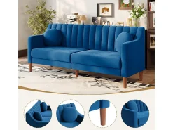 Sale DripeX Sofá 3 lugares de veludo - pés de madeira maciça 19cm - com 2 almofadas - 206x74x83cm - Azul