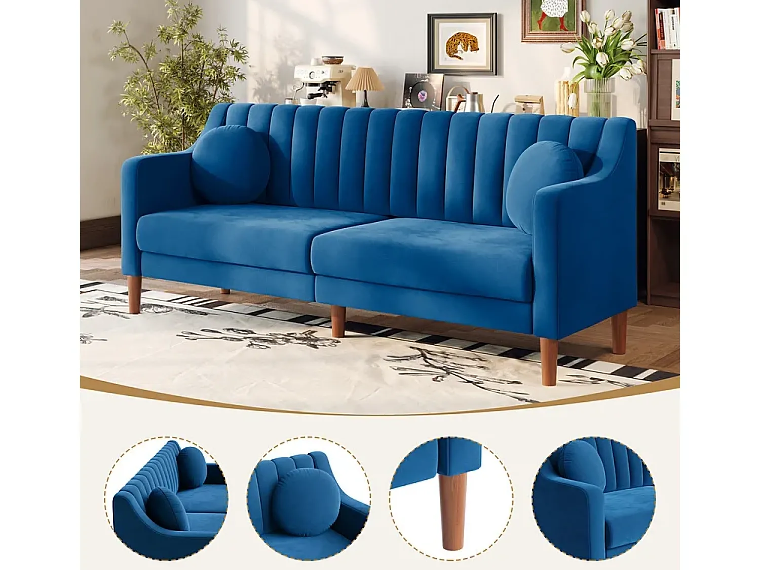 Sale DripeX Sofá 3 lugares de veludo - pés de madeira maciça 19cm - com 2 almofadas - 206x74x83cm - Azul
