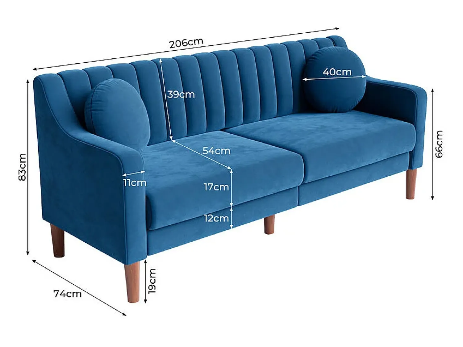 Sale DripeX Sofá 3 lugares de veludo - pés de madeira maciça 19cm - com 2 almofadas - 206x74x83cm - Azul