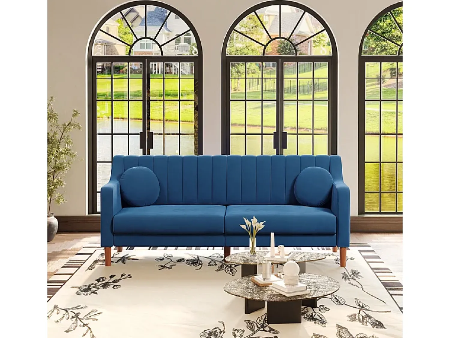 Sale DripeX Sofá 3 lugares de veludo - pés de madeira maciça 19cm - com 2 almofadas - 206x74x83cm - Azul